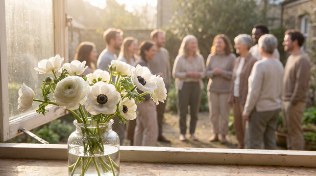 Group of elderly people socializing in garden with flowers in sunlight  