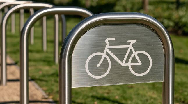 Modern stainless steel bicycle parking racks with bike symbol