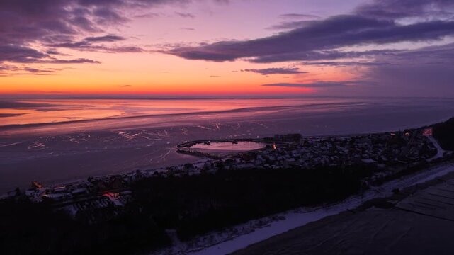 Frozen Bay of Puck near Kuznica at sunset, Hel Peninsula. Poland