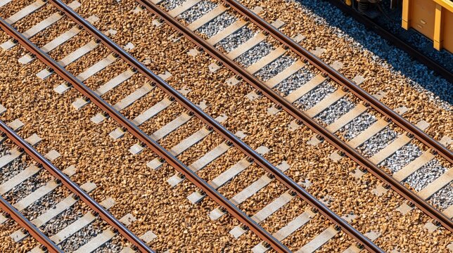 High angle view of parallel railway tracks with gravel and concrete sleepers