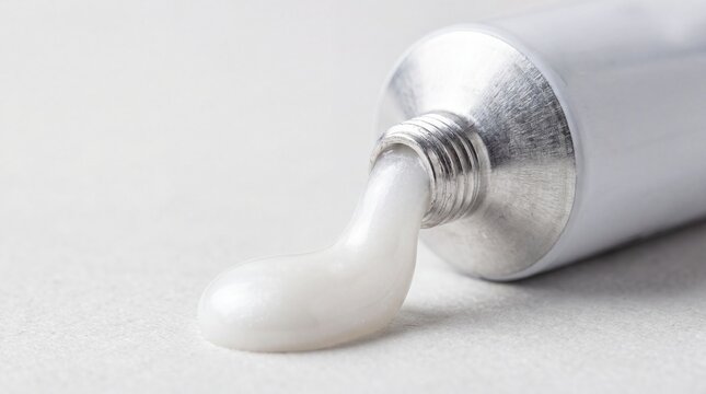 White cream squeeze from metal tube on light background. Closeup of ointment or toothpaste texture. Cosmetics, skincare and pharmaceutical product concept for packaging and beauty design