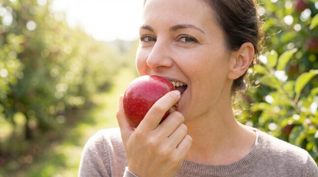 Woman biting red apple in sunny garden. Happy caucasian girl eating fresh fruit outdoors. Healthy nutrition, natural organic food and harvesting concept for diet and wellness lifestyle.
