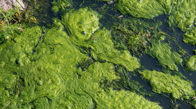 Green algae blooming on surface of stagnant water