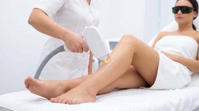 Woman cosmetologist doing laser hair removal on leg of female client in beauty salon. Young woman in protective glasses lying on couch during depilation procedure. Skincare and body treatment concept