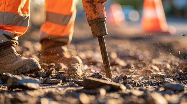 Construction worker using jackhammer to break asphalt during road repair