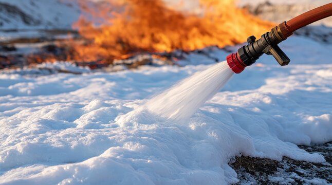 Firefighter nozzle spraying firefighting foam onto ground fire