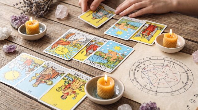 Woman fortune teller reading tarot cards on wooden table with burning candles crystals and natal chart. Esoteric divination and mystic astrology concept. Occult fortune telling and spiritual practice
