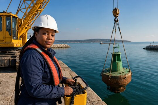 Marine buoy maintenance crane operator restored navigation campaign portrait adult black female average build lowering quay calm