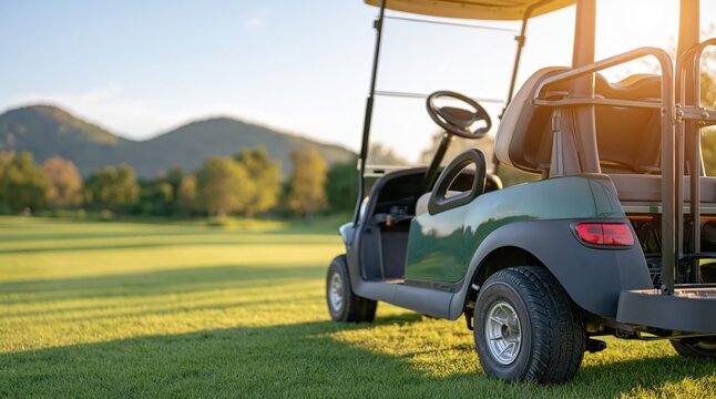 Green golf cart parked on fairway with mountain background at sunset