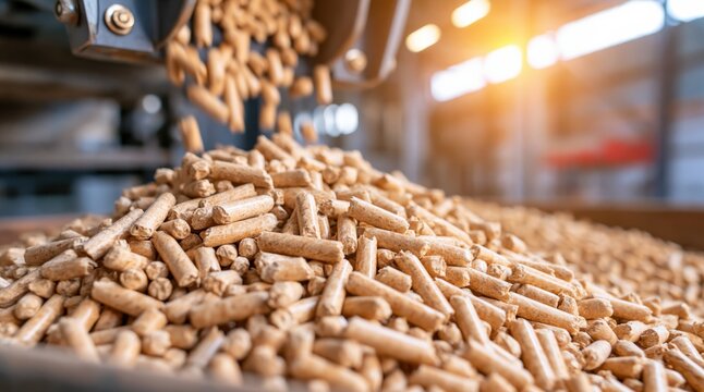 Wood pellets pouring into large pile at industrial production facility