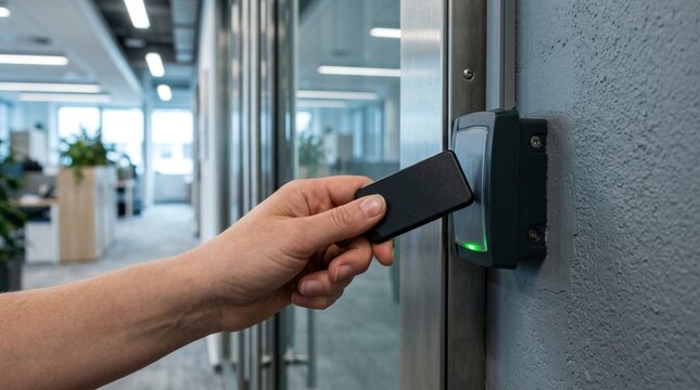 Hand holding unbranded black key fob pressed against wall-mounted RFID card reader beside glass office door, illuminated green access light