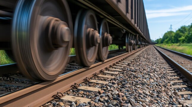 Moving train wheels on railway tracks with motion blur
