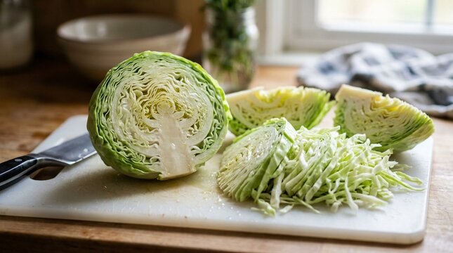 Close-up photograph of a fresh head of green cabbage sliced in half on a white cutting board, with shredded cabbage wedges, chef's knife, and ceramic bowl in background