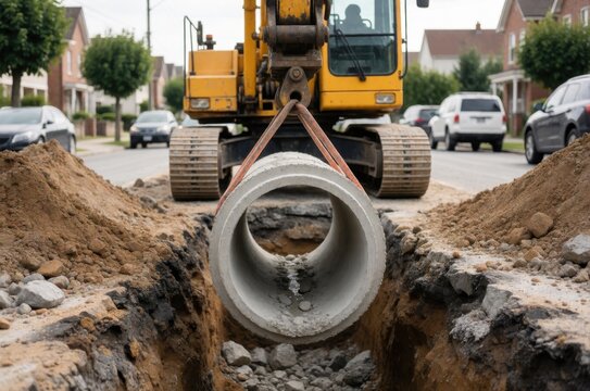 A yellow excavator suspends a large concrete pipe over a deep trench during road construction work.
