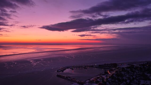 Frozen Bay of Puck near Kuznica at sunset, Hel Peninsula. Poland