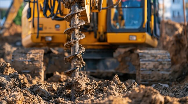 Close up of hydraulic drilling rig auger boring into soil at construction site