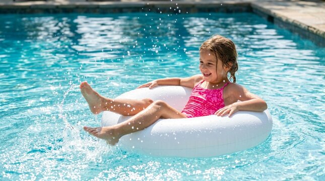 Smiling young girl in bright pink swimsuit relaxing on a white inflatable swim ring while kicking and splashing in a clear turquoise blue swimming pool on a sunny summer day