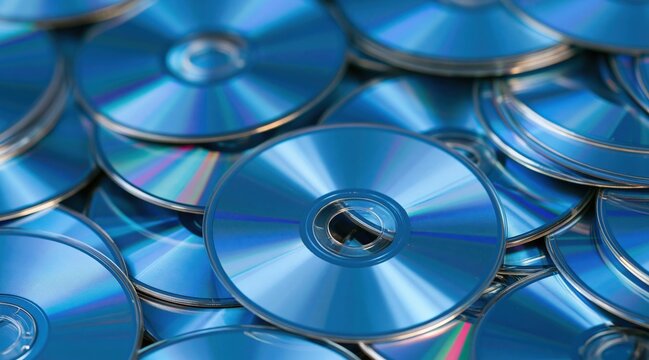 Blue compact discs pile with iridescent reflections