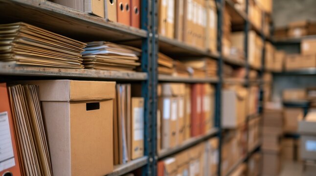 Cardboard boxes and folders on metal shelves in archive storage