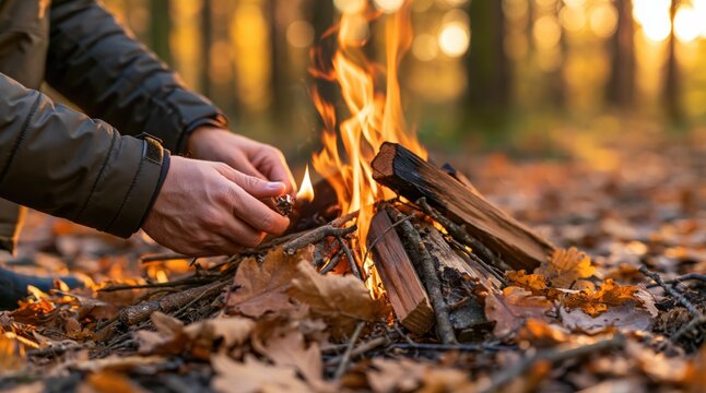 Person hands lighting campfire with lighter in autumn forest during golden hour