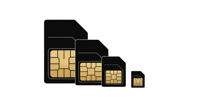 Vector illustration of set of four different sizes of sim cards on a transparent background