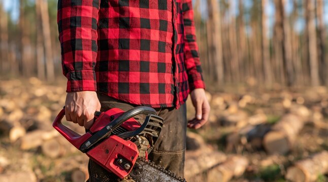 Lumberjack holding red chainsaw in logging area of pine forest