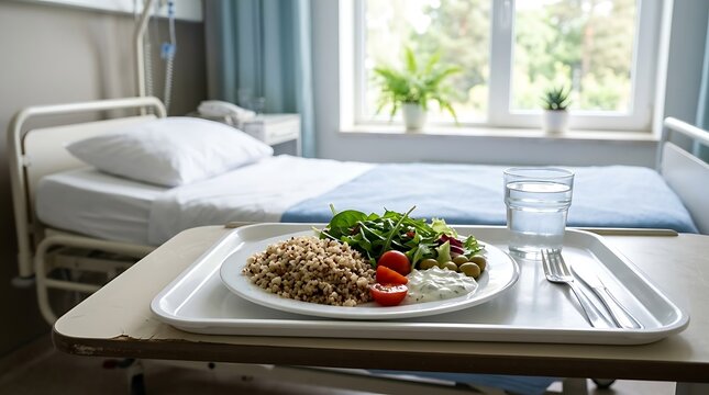 Healthy food tray served on a hospital bed in a bright patient room