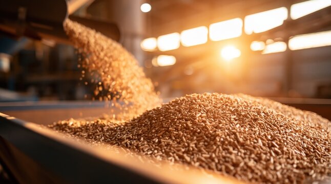 Wood pellets falling from chute onto pile in industrial factory workshop at sunset