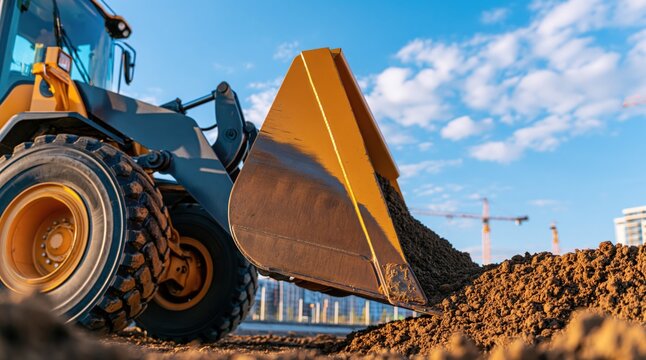 Yellow front loader bucket digging into dirt pile at construction site
