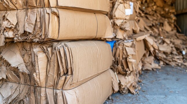 Compressed cardboard paper bales stacked in recycling facility