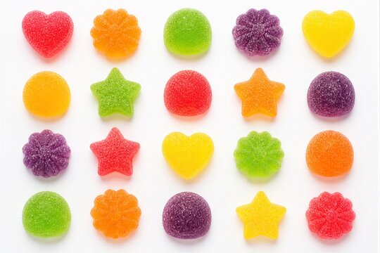 Assorted fruit jelly candies arranged on white surface