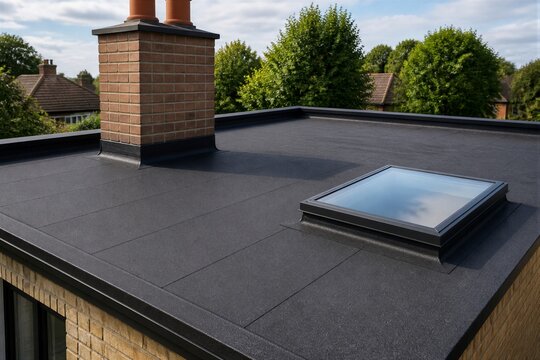 Flat roof with skylight and chimney on suburban house