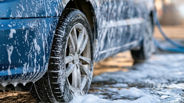 Close up of soapy car tire and wheel during cleaning process