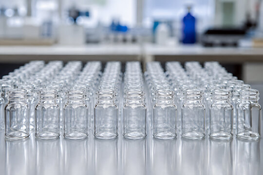 Rows of sterile empty glass sample vials on a laboratory work surface