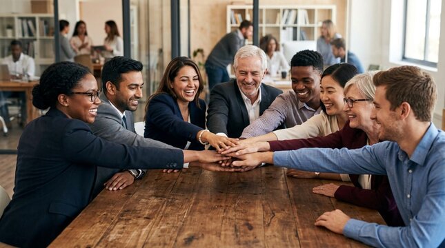 Diverse business professionals stacking hands together on wooden conference table, smiling in modern office, teamwork unity celebration collaboration diverse workplace success