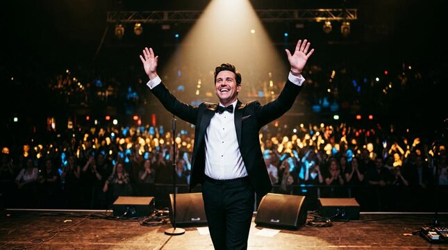 Cheerful male performer in black tuxedo celebrating on dim concert stage under bright spotlight before cheering crowd