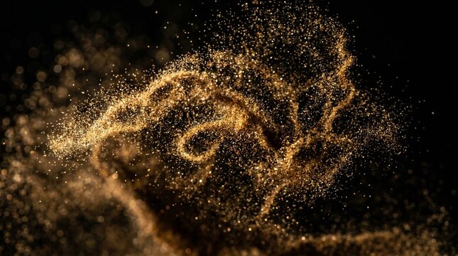 Swirling cloud of fine golden and umber sand particles suspended in midair against deep black backdrop with sparkling individual grains