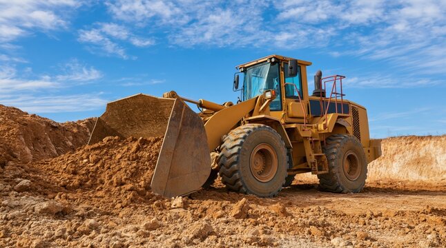 Yellow wheel loader scooping earth at construction site