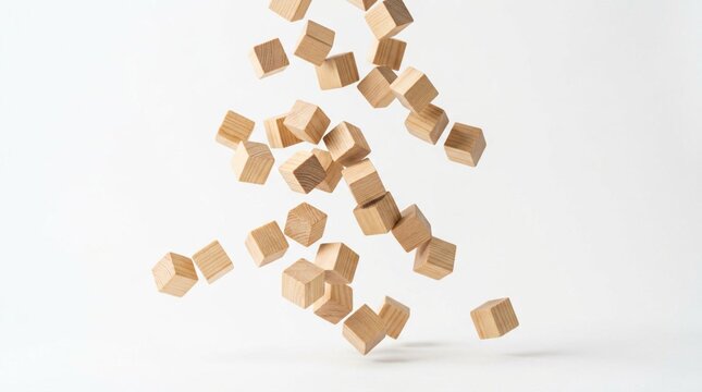 Natural wooden cubes tumbling in mid-air against a seamless white studio backdrop, motion frozen with high-speed photography, creating a dynamic cascade of light brown timber blocks