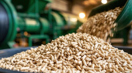 Obraz premium Wood pellets falling from chute into container in industrial factory