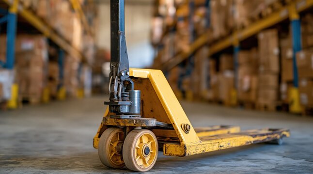 Yellow manual pallet jack in industrial warehouse storage facility