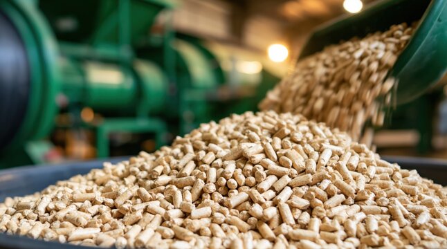 Wood pellets falling from chute into container in industrial factory