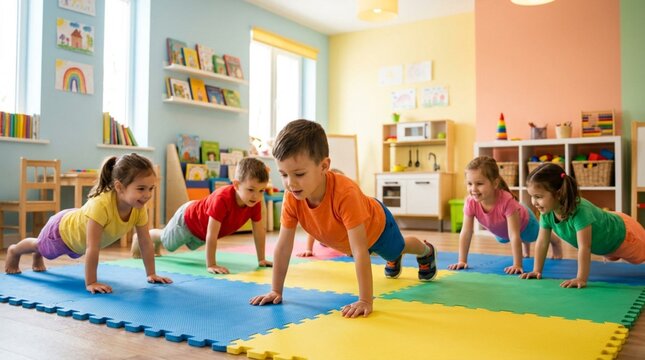 Diverse group of cheerful children in bright t-shirts and shorts doing plank exercises together on colorful interlocking foam gym mats inside a sunny kindergarten playroom with toy shelves