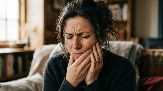 Close-up portrait of woman experiencing jaw pain with pained facial expression in cozy home setting with soft warm lighting