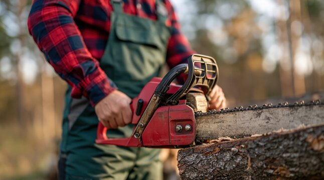 Lumberjack holding red chainsaw on tree trunk in forest