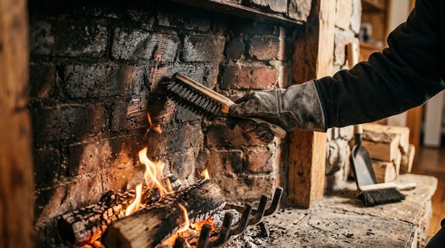 Gloved hand scrubbing black soot from interior brick wall of burning fireplace with stiff wire brush during cleaning maintenance routine with flames