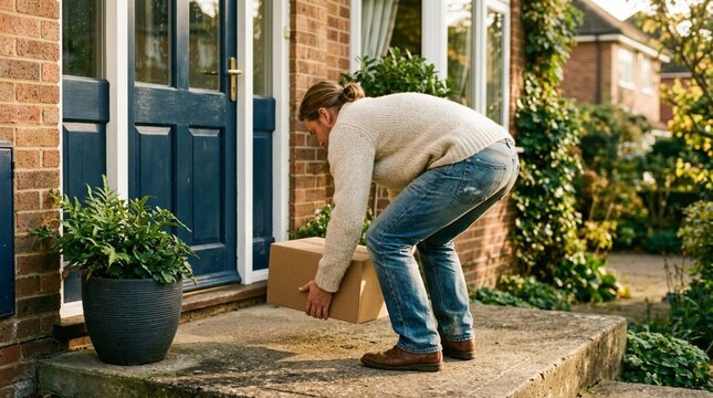 Person in faded blue jeans and cream knit sweater bending down to lift brown cardboard package from concrete porch steps of brick house with blue front door and green potted plants