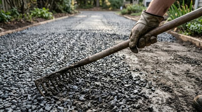Close-up of gloved hand raking wet gray gravel across leveled dirt base forming even rows of crushed stone for landscaping pathway construction project