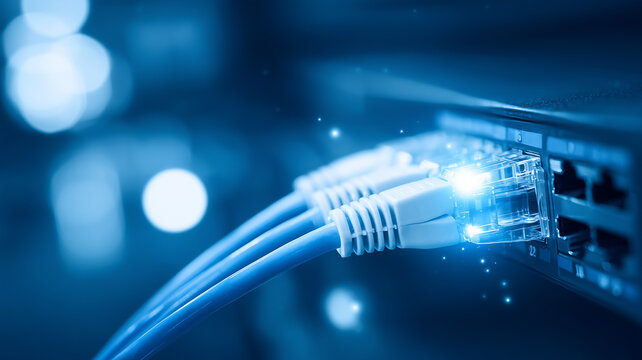 An Ethernet cable connected to network equipment represents wired internet connectivity data transfer and reliable digital communication.
