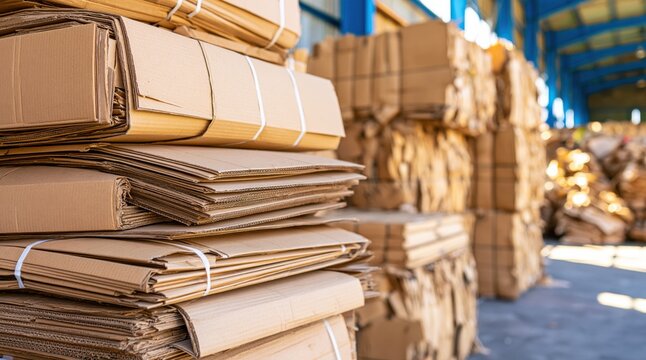 Stacked flattened cardboard boxes for recycling in warehouse